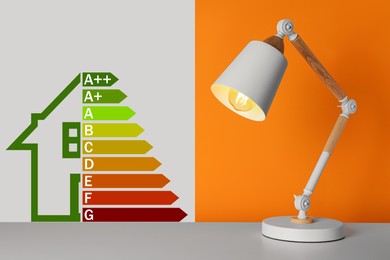 Image of Energy efficiency rating label and lamp on grey table