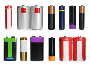 Many batteries of different types on white background, collage