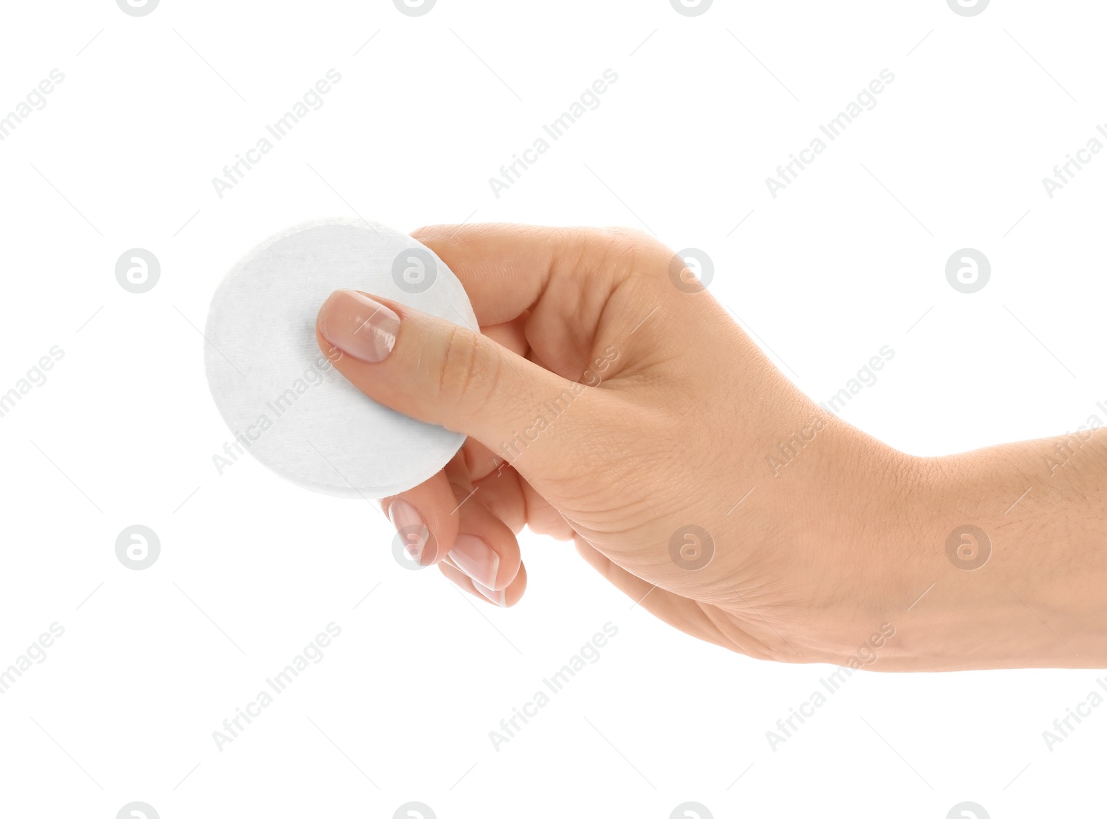 Photo of Woman holding cotton pad on white background, closeup