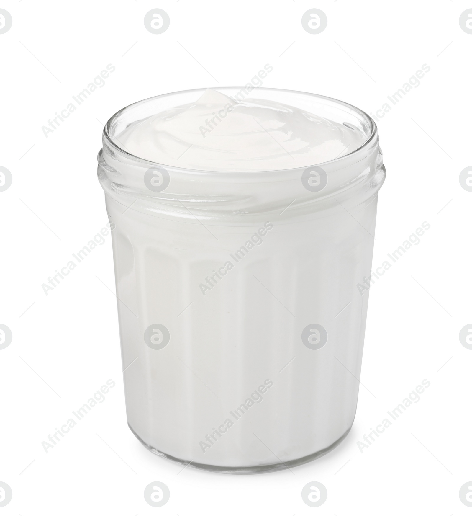 Photo of Jar of delicious organic yogurt isolated on white