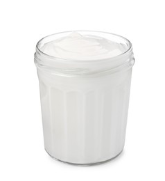 Jar of delicious organic yogurt isolated on white