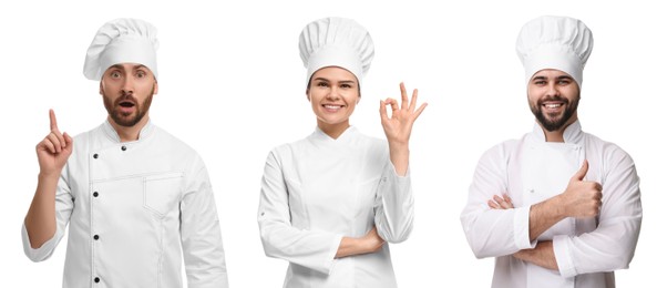 Image of Chefs in uniforms on white background, set with photos