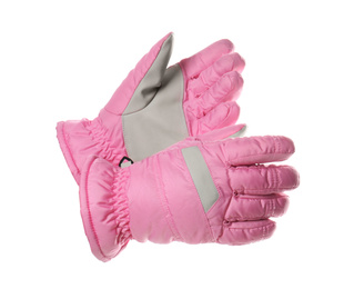 Woman wearing pink ski gloves on white background, closeup. Winter sports clothes