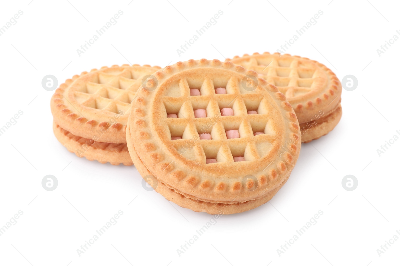 Photo of Tasty sandwich cookies with cream isolated on white