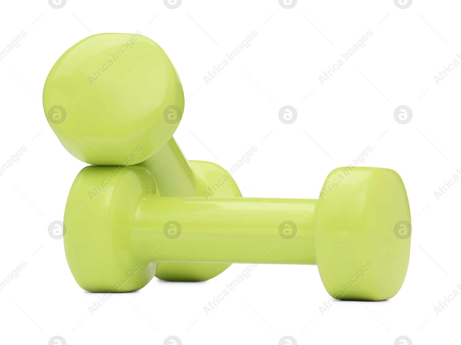 Photo of Light green dumbbells isolated on white. Sports equipment