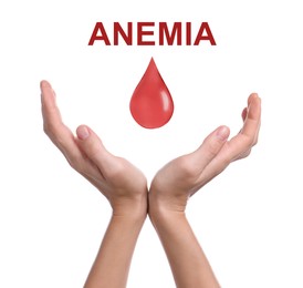Image of Woman and drop of blood on white background, closeup. Anemia concept