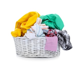 Photo of Laundry basket with dirty clothes on white background