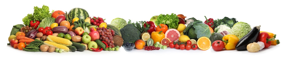 Collection of fresh organic vegetables and fruits on white background. Banner design 