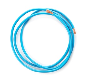 Photo of Color cable on white background, top view. Electrician's supply
