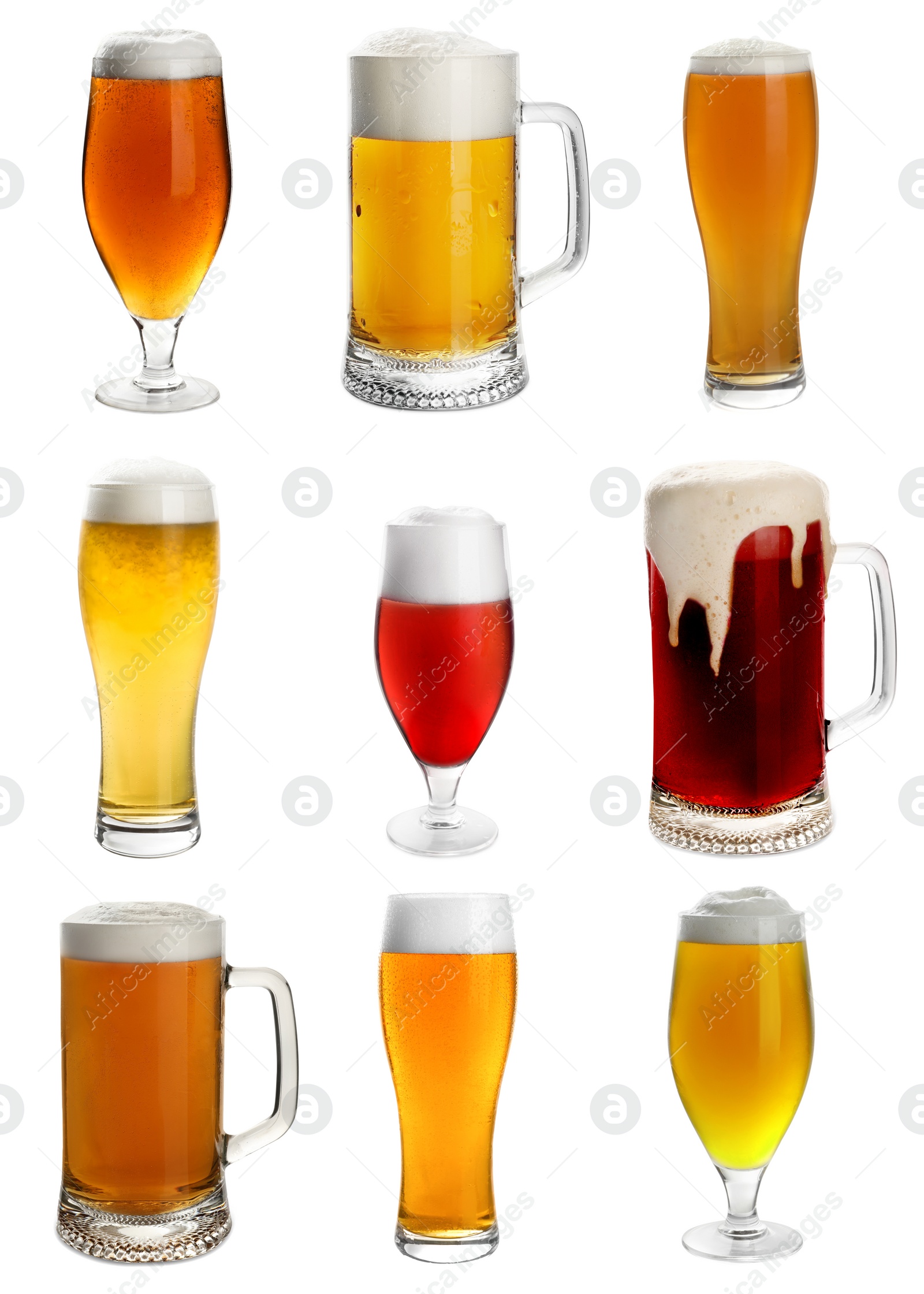 Image of Set with cold tasty beer on white background