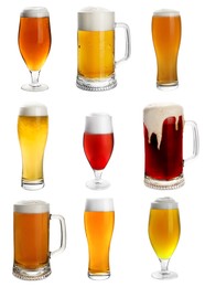 Set with cold tasty beer on white background