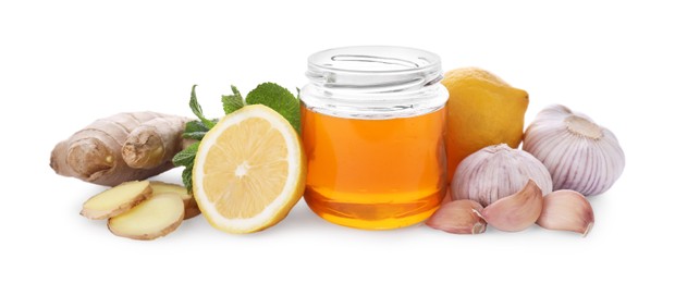 Photo of Honey, garlic, lemon, ginger and fresh mint for cough treatment. Cold remedies on white background