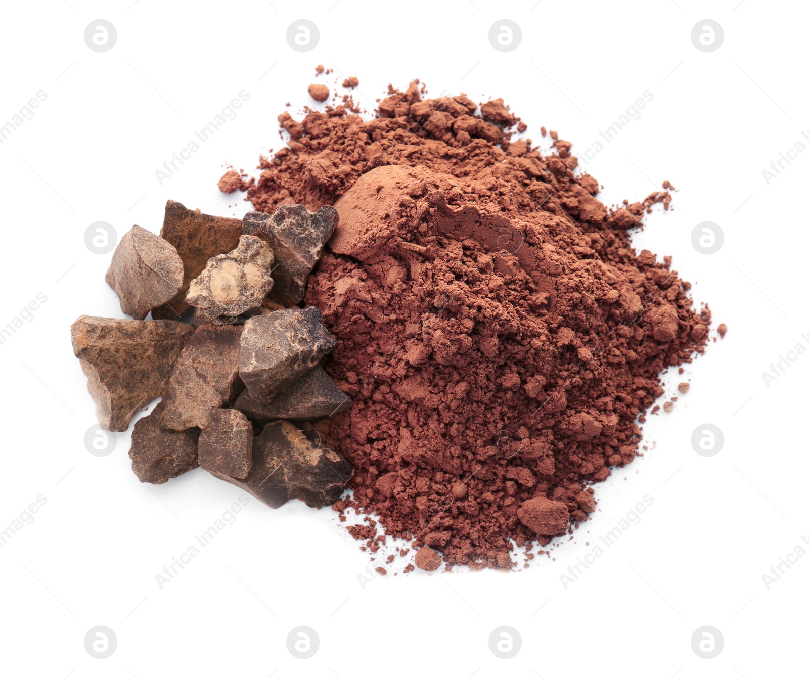 Photo of Cocoa powder and pieces of chocolate on white background