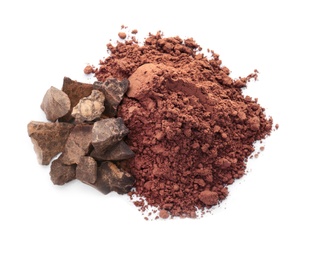 Cocoa powder and pieces of chocolate on white background