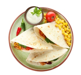 Plate of tortillas with chili con carne on white background, top view