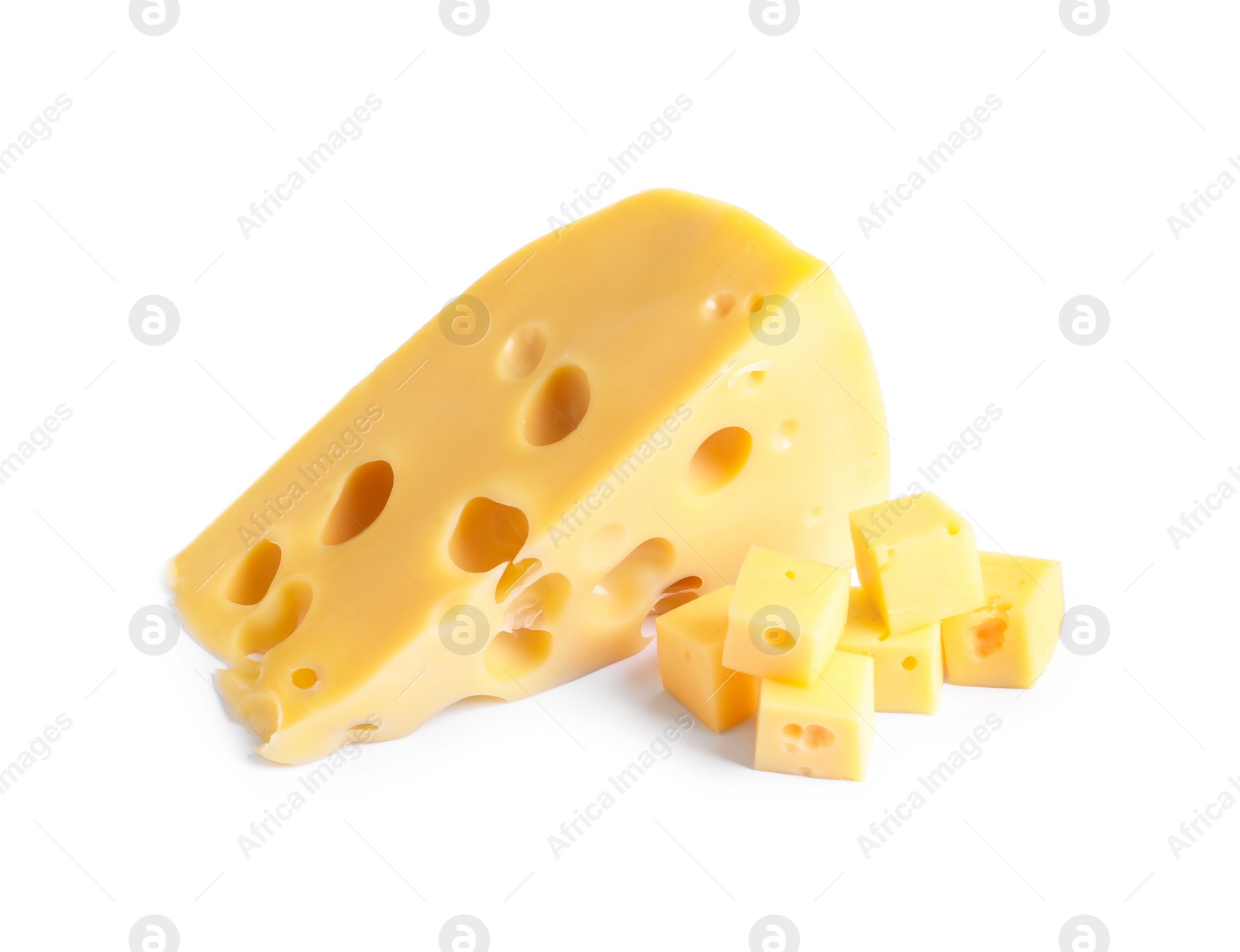 Photo of Pieces of cheese with holes on white background