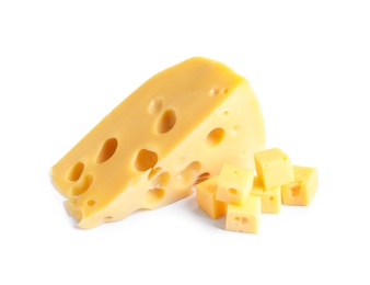 Photo of Pieces of cheese with holes on white background