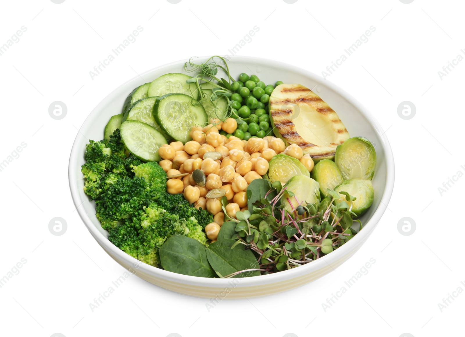 Photo of Healthy meal. Tasty vegetables and chickpeas in bowl isolated on white