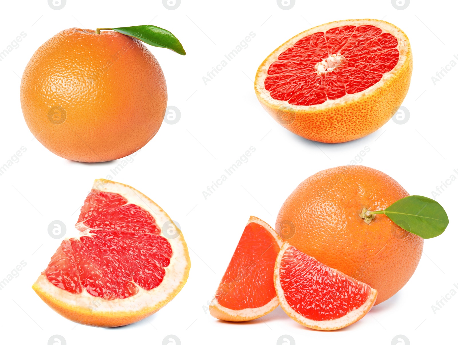 Image of Set with whole and cut ripe juicy grapefruits on white background