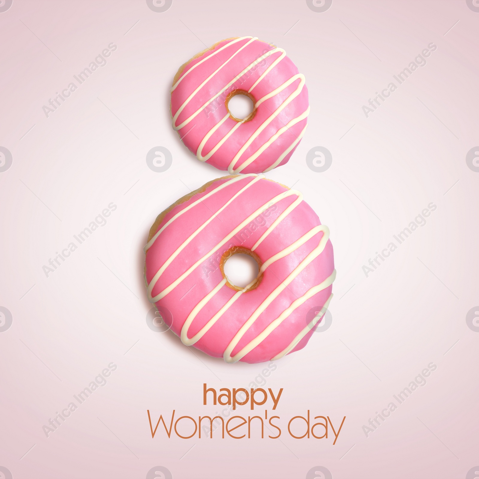 Image of 8 March - Happy International Women's Day. Card design with shape of number eight made of doughnuts on pink background, top view