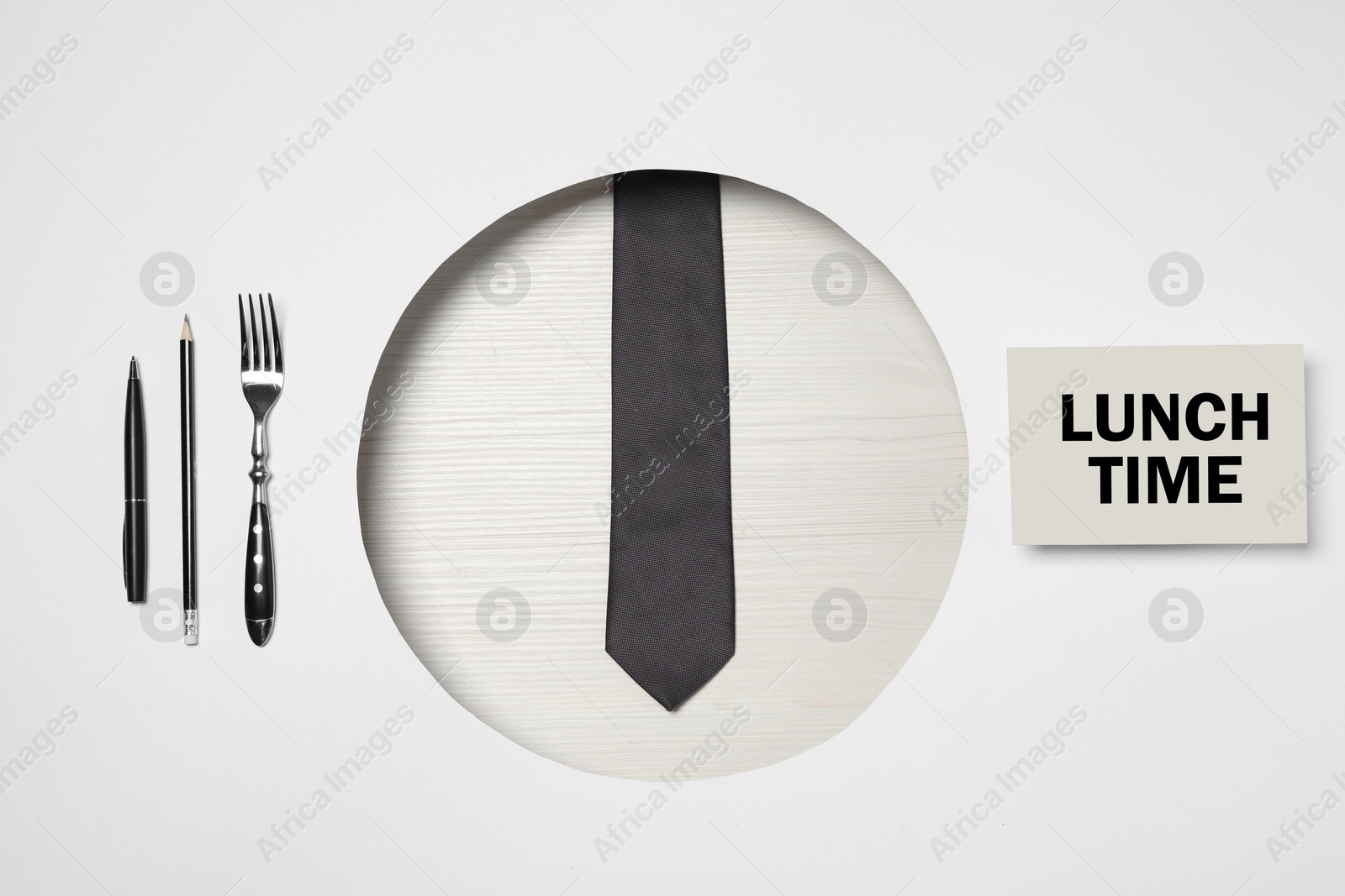 Image of Creative business lunch layout. Composition with tie, stationery, fork and card on white background, flat lay