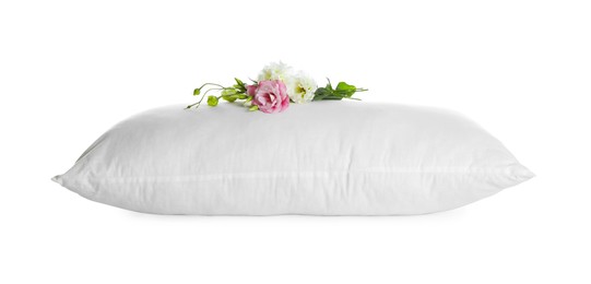 Photo of Soft pillow with beautiful flowers on white background