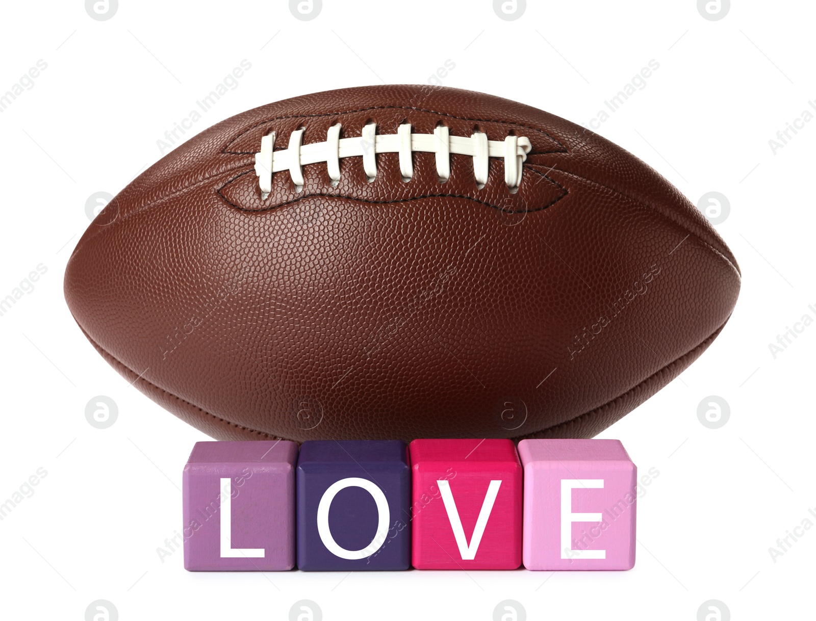 Photo of American football ball and cubes with word Love on white background