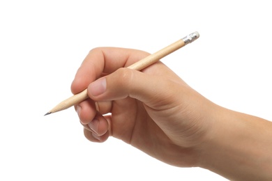Photo of Young man holding pencil on white background, closeup
