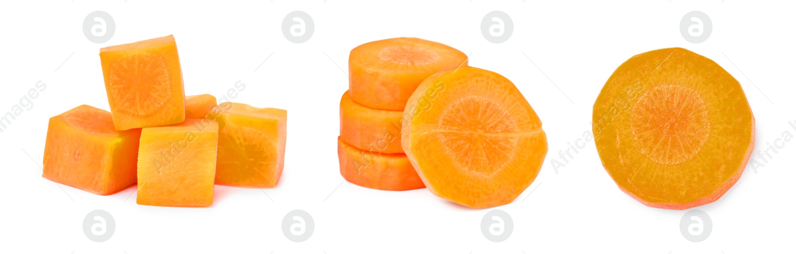 Image of Set with different fresh carrots on white background. Banner design