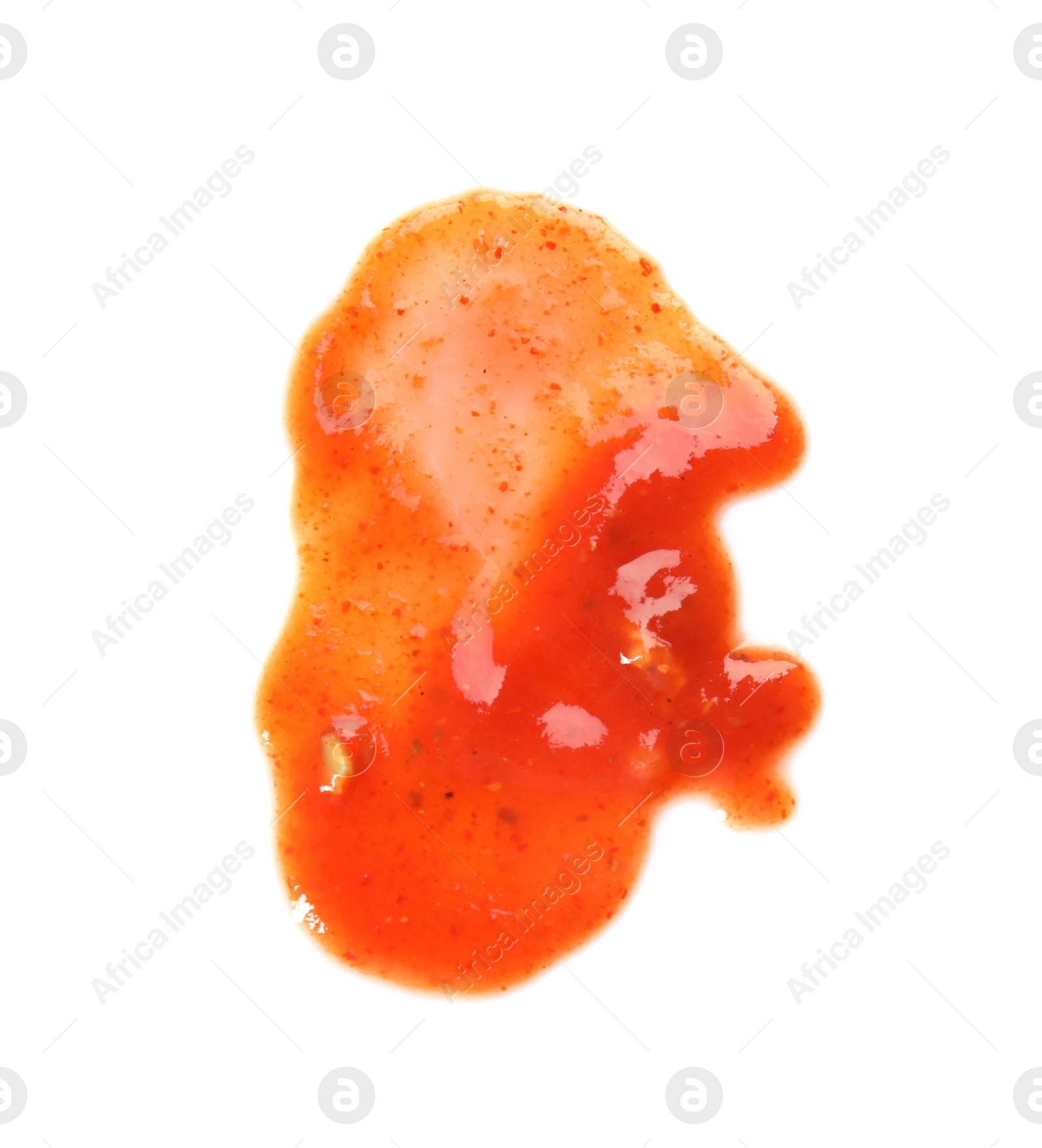 Photo of Tasty tomato sauce isolated on white, top view