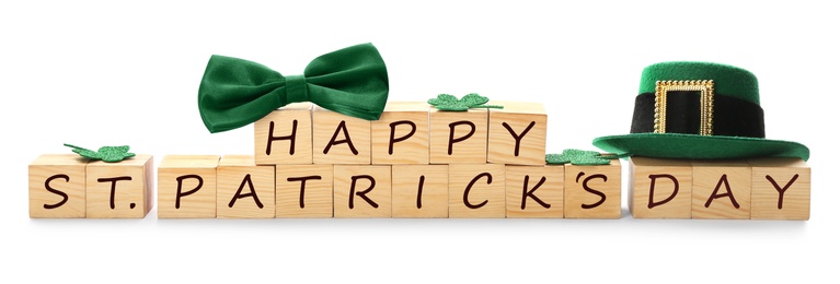Photo of Words Happy St. Patrick's day and festive decor on white  background