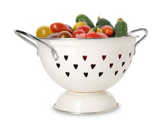 Photo of Metal colander with different tomatoes and cucumbers isolated on white