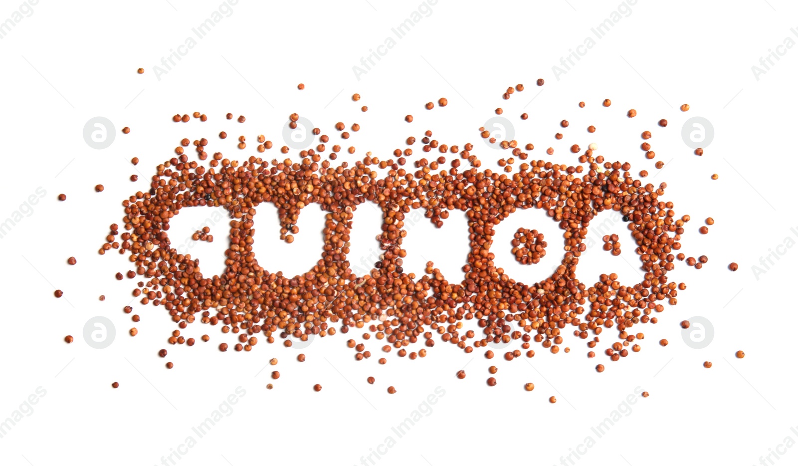 Photo of Word QUINOA written with red seeds on white background, top view