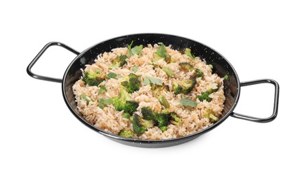 Photo of Tasty fried rice with vegetables in serving pan isolated on white