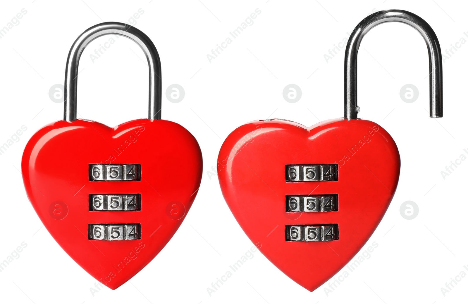 Image of Locked and open heart shaped padlocks on white background, collage