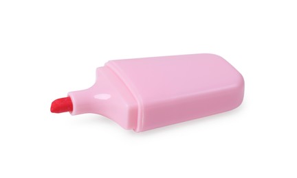 Photo of One pink marker on white background. School stationery