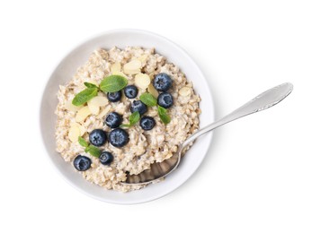 Photo of Tasty oatmeal with blueberries, mint and almond flakes in bowl isolated on white, top view