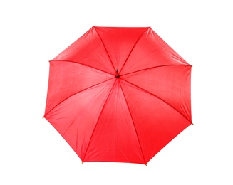 Photo of Modern opened red umbrella isolated on white