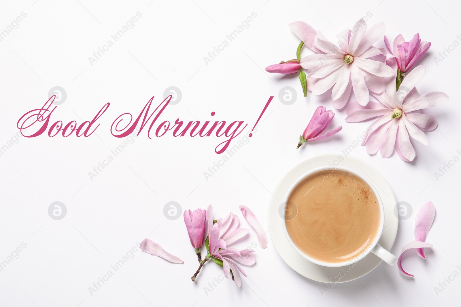 Image of Good morning! Beautiful pink magnolia flowers and cup of aromatic coffee on white background, top view