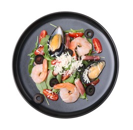 Plate of delicious salad with seafood isolated on white, top view
