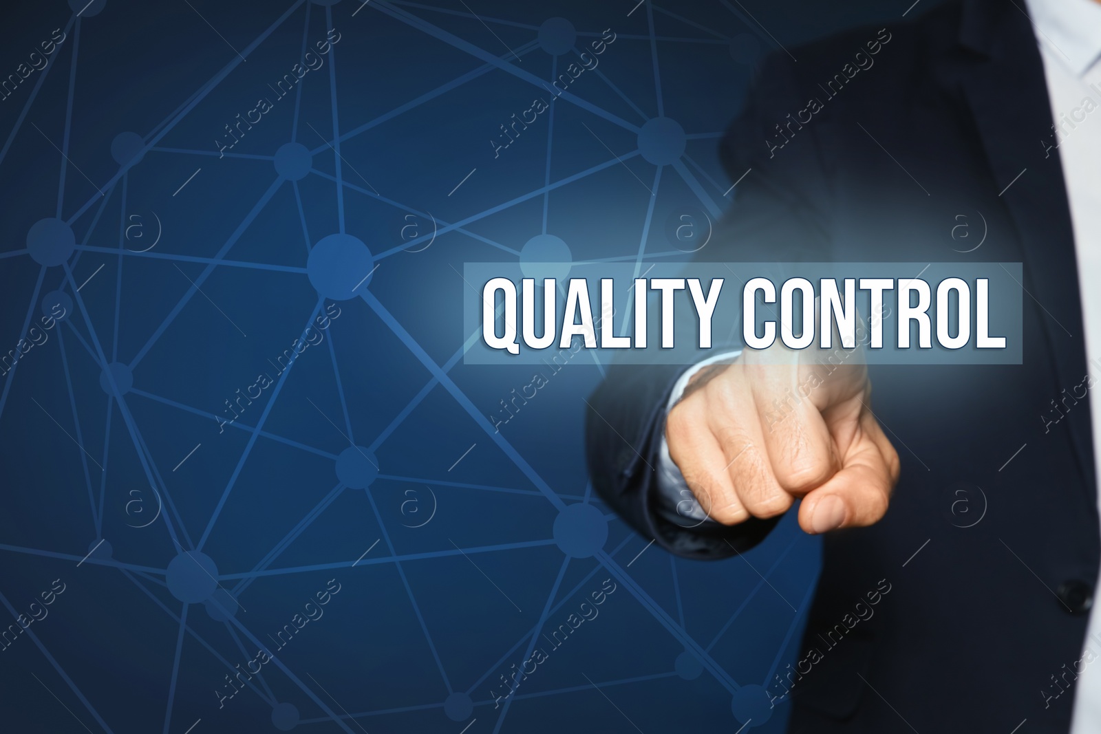 Image of Quality control service. Businessman using virtual screen, closeup