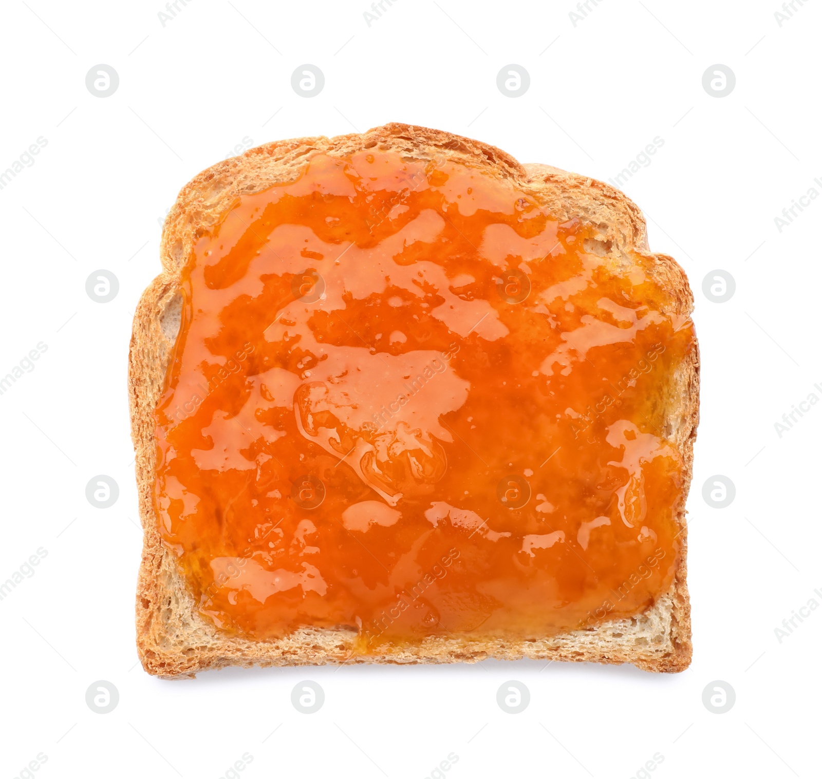 Photo of Toast with jam on white background, top view