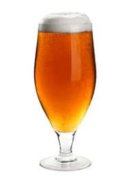 Glass of tasty light beer on white background