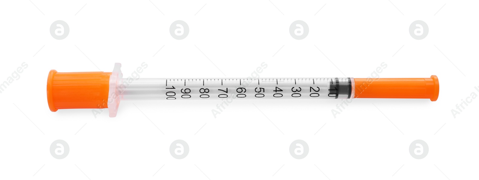 Photo of New medical insulin syringe isolated on white, top view