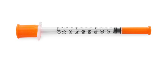 Photo of New medical insulin syringe isolated on white, top view