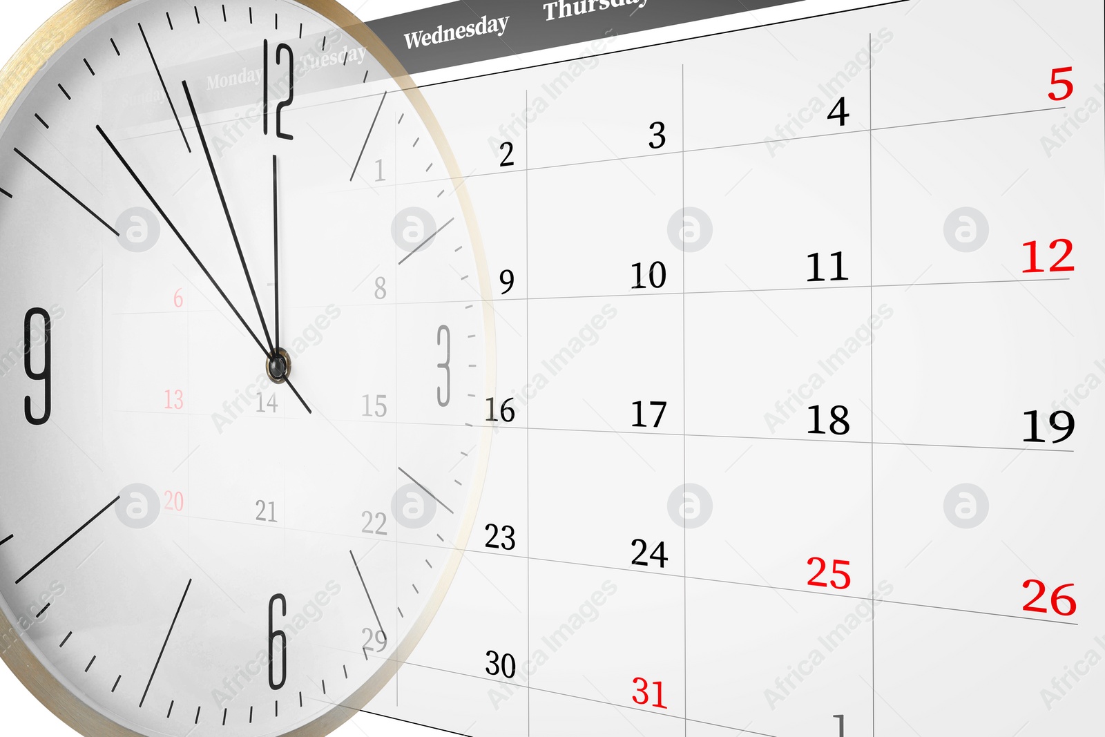 Image of Deadline concept. Double exposure of clock and calendar