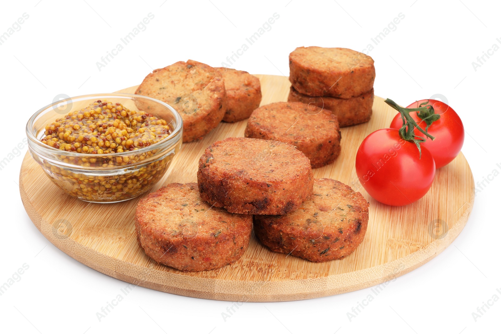Photo of Delicious vegan cutlets, tomatoes and grain mustard on white background
