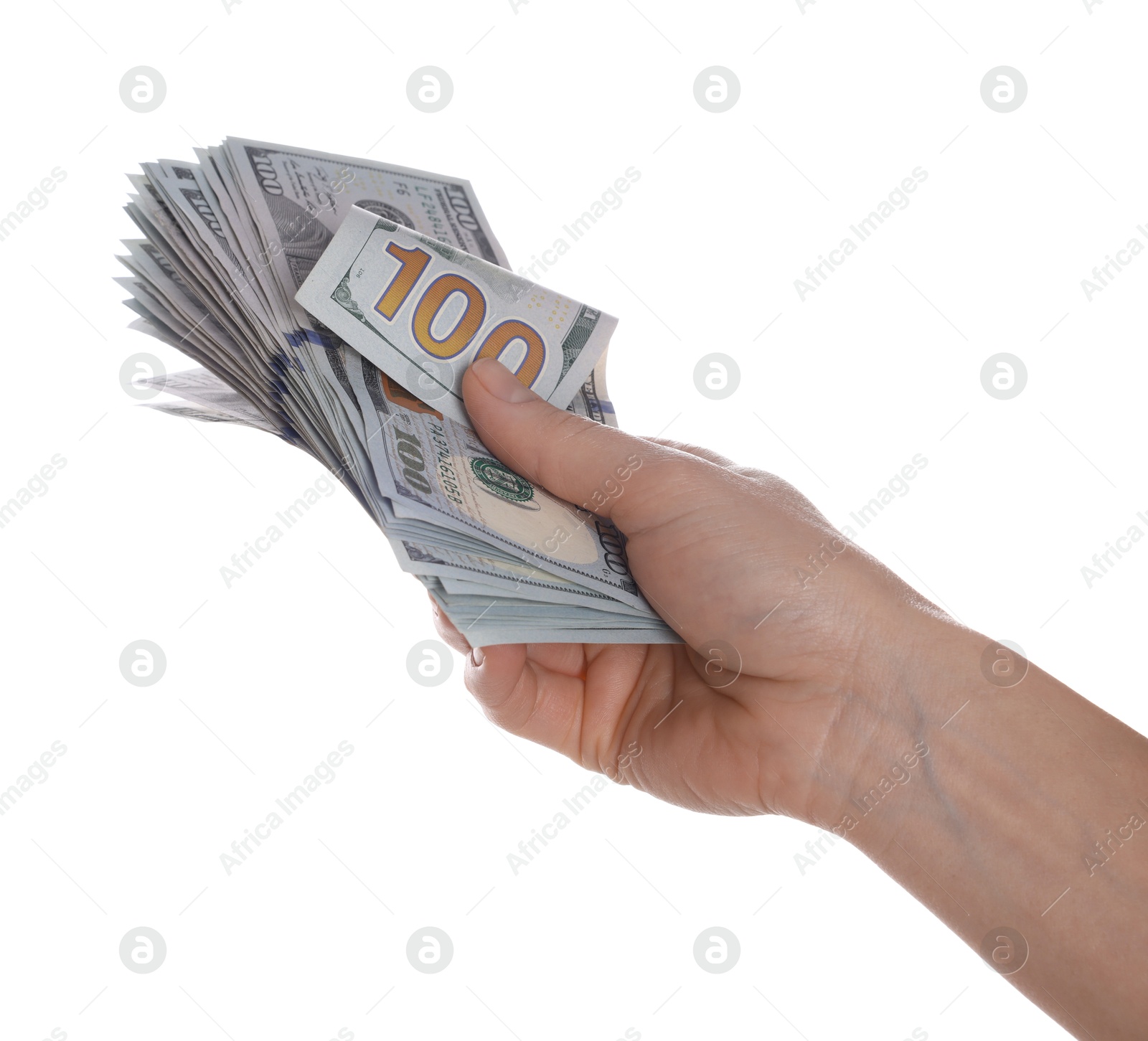 Photo of Money exchange. Woman holding dollar banknotes on white background, closeup