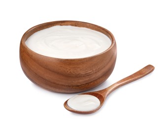 Photo of Bowl and spoon with delicious organic yogurt on white background