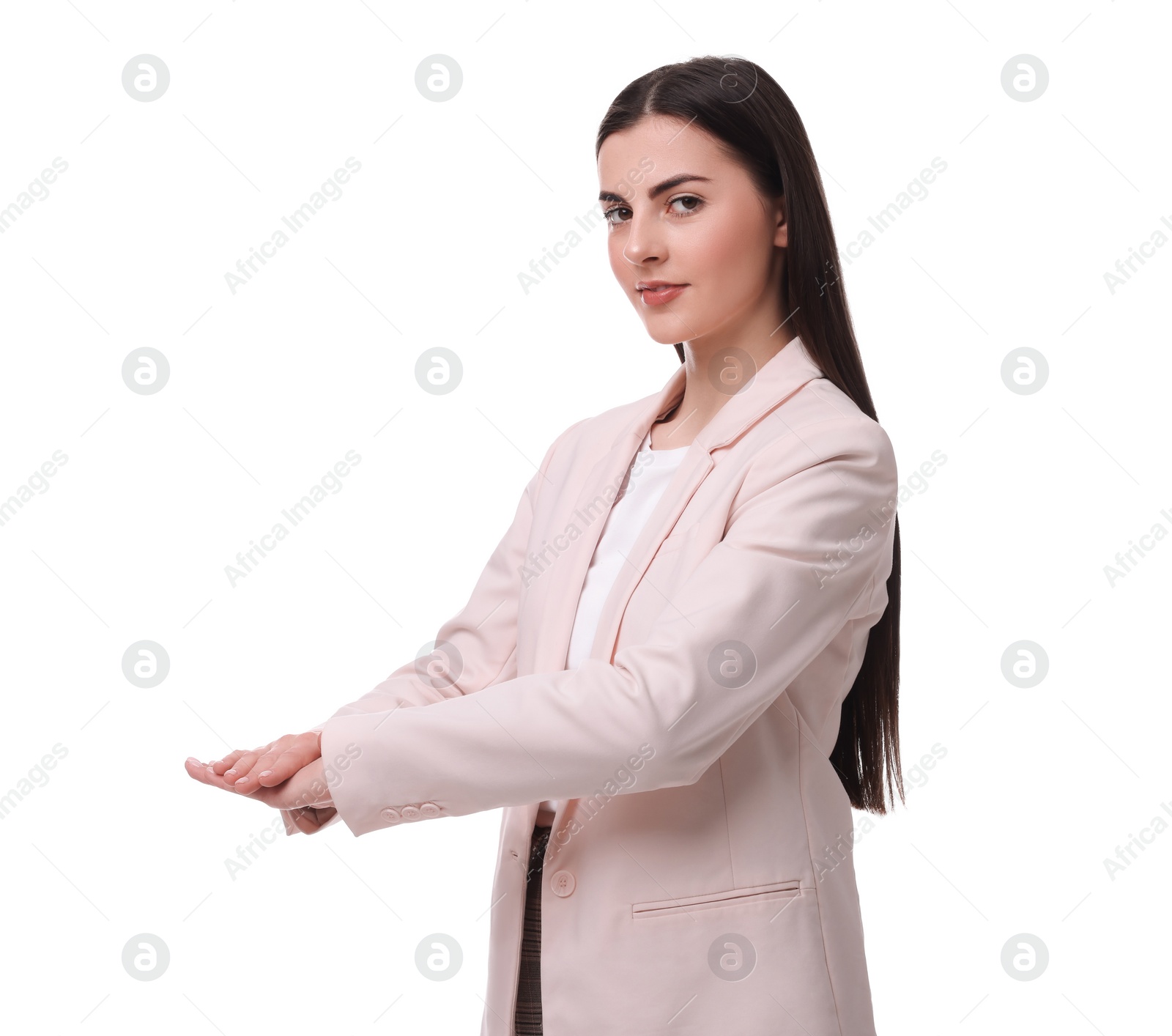 Photo of Beautiful young businesswoman posing on white background